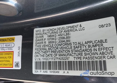 2023 Honda Accord Lx z USA, uszkodzony, nr VIN 1HGCY1F27PA052297